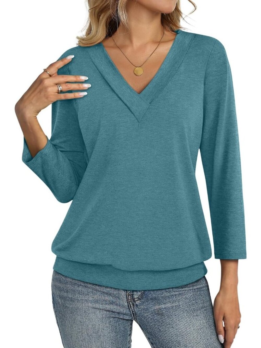 Women's Turquoise V Neck Cotton Banded Bottom 3/4 Sleeve Shirts Casual Blouses